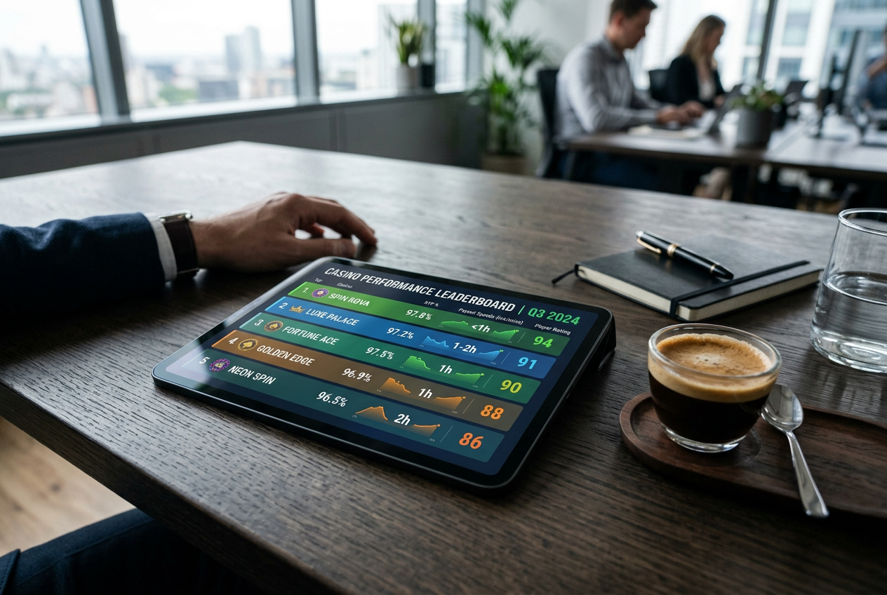 A professional analytics dashboard showing casino rankings and metrics.